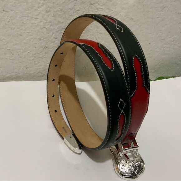New Justin Black Red white stitches leather Belt unisex Size 32 main image 6